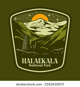 Illustration vector graphic of HALEAKALA AT THE NIGHT NATIONAL PARK BADGE LOGO DESIGN VECTOR ILLUSTRATION for apparel design merchandise, such as logos on product packaging