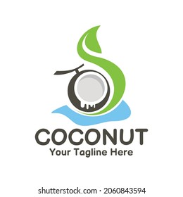 illustration vector graphic of half fresh coconut and green leaf on water, perfect for fruit, drink, logo, juice, product, health, restaurant, cafe, etc.