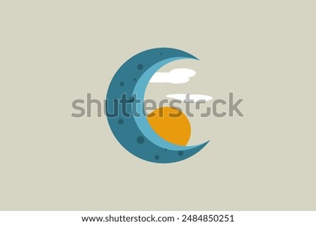 Illustration vector graphic of halfmoon and sun with cloud. Good for logo