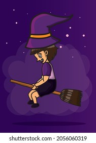 Illustration vector graphic of Halloween a boy flying with a broom. suitable for poster cover, drawing book, sticker, clipart, etc. 