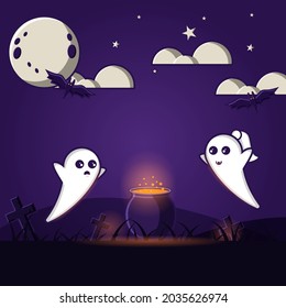 Illustration of vector graphic haloween background banner. Haloween party sign vector cover illustration. Cute scary ghost. EPS10 format.