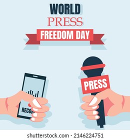 illustration vector graphic of hand carrying microphone and smartphone, perfect for world press freedom day, celebrate, holiday, greeting card, etc.