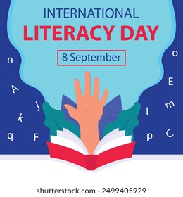 illustration vector graphic of hand comes out of the book, perfect for international day, international literacy day, celebrate, greeting card, etc.