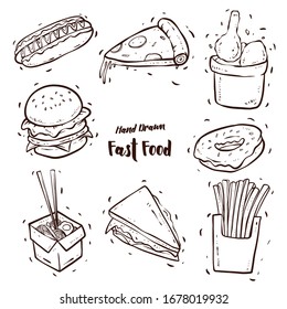 illustration vector graphic of hand drawings of various kinds of fast food. perfect for background, menu, etc