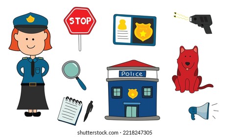 Illustration vector graphic Hand drawn color of police women officer with equipment and tools, police icon