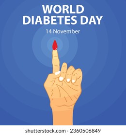 illustration vector graphic of the hand extends the index finger, showing a drop of red blood, perfect for international day, world diabetes day, celebrate, greeting card, etc.