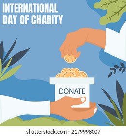 illustration vector graphic of hand giving coins into the donation box, perfect for international day of charity, celebrate, greeting card, etc.