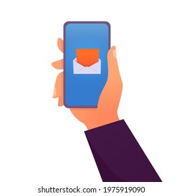 Illustration vector graphic of hand holding phone with incoming message. Perfect for logos, web pages, technology themed banners and communications.