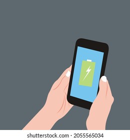 ilustración vectorial gráfico de la mano sujetando el smartphone, mostrando el icono de la batería, perfecto para la tecnología, internet, línea, electro, gadget, etc.

