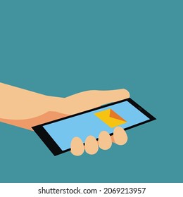 illustration vector graphic of hand holding a gadget to send a short message, perfect for technology, internet, communication, application, etc.

