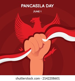 illustration vector graphic of hand holding a flag of the Indonesian state, with the red shadow of the garuda pancasila in the background, perfect for pancasila day, celebrate, independent, etc 
