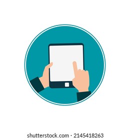 Illustration vector graphic of hand holding touch screen tablet. Concept flat design. Perfect for icon, sign, logo, profile, web, template, advertising promotion, application, etc.