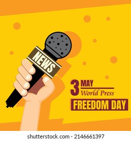 illustration vector graphic of hand holding up a microphone for a news event, perfect for world press freedom day, celebrate, greeting card, etc.