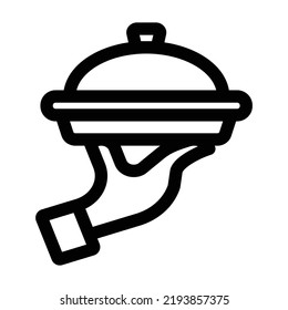 Illustration vector graphic of hand holding silver serving tray with lid cover cloche for food usingoutline style on a white background. Suitable for hotel service, accommodation apps, website project