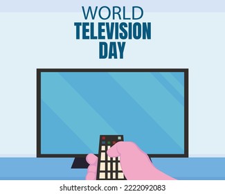 ilustración vectorial de una mano sosteniendo un control remoto de tv, mostrando una pantalla plana de tv, perfecta para el día internacional, el día mundial de la televisión, celebración, tarjeta de saludo, etc.