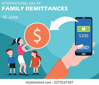 illustration vector graphic of hand holding mobile phone for money transfer, showing family receiving coins, perfect for international day, family remittances, celebrate, greeting card, etc.