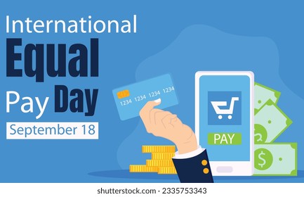 ilustración vectorial gráfico de mano sosteniendo tarjeta atm, mostrando el fondo del smartphone y el dinero, perfecto para el día internacional, día internacional de igual salario, celebración, tarjeta de saludo, etc.
