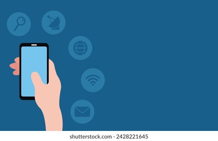 illustration vector graphic of hand holding smartphone, showing digital icons, perfect for international day, world telecommunication and information society day, celebrate, greeting card, etc.