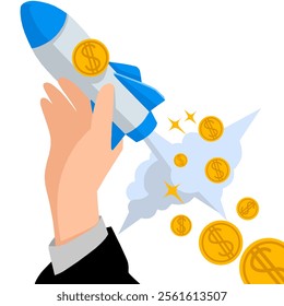Illustration vector graphic of a hand holding rocket money. Fit for business promotion, investment opportunities, investment services, financial educations, workshop or seminar, motivational content	
