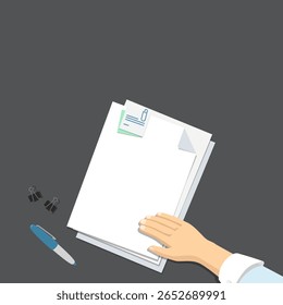 illustration vector graphic of a hand on a pile of office papers with clips and a pen on a desk. perfect for business, office tasks, and document-related concepts.
