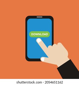 illustration vector graphic of hand pressing the download button on the smartphone, perfect for technology, internet, business, gadget, comunication, etc.

