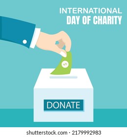 illustration vector graphic of hand putting a dollar bill in the donation box, perfect for international day of charity, celebrate, greeting card, etc.