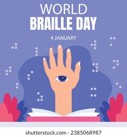 illustration vector graphic of hands emerge from inside the book, revealing human eyes, perfect for international day, world braille day, celebrate, greeting card, etc.