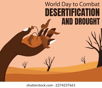 illustration vector graphic of hands hold the ground and withered plants, revealing barren land and dead trees, perfect for international day, world to combat, desertification and drought, celebrate.