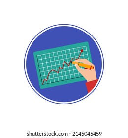 Illustration vector graphic of hands holding pen with screen and business diagram. Concept flat design. Perfect for icon, sign, logo, profile, web, template, advertising promotion, application, etc.