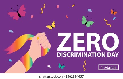 illustration vector graphic of hands holding rainbow ribbons, showing flying butterflies, perfect for international day, zero discrimination day, celebrate, greeting card, etc.