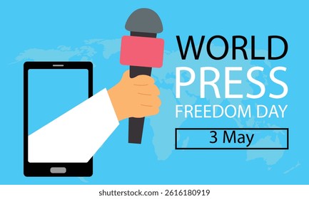 illustration vector graphic of hands out of smartphone, displaying world map, perfect for international day, world press freedom day, celebrate, greeting card, etc.