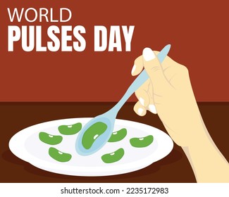 illustration vector graphic of hands take green beans on a plate with a spoon, perfect for international day, world pulses day, celebrate, greeting card, etc.
