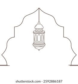 illustration vector graphic of a hanging lantern within a mosque arch frame, symbolizing islamic culture and spirituality. perfect for eid, ramadan, and islamic-themed designs.