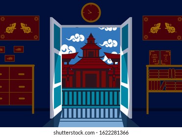 Illustration Vector Graphic of Happy Chinese New Year, in a room full of Chinese New Year trinkets with the door open, looking at the view of the temple. good for greeting cards, web, background ,etc.