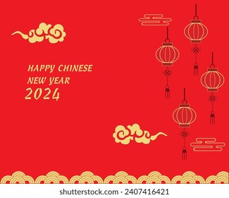 illustration vector graphic of happy chinese new year card with castles and golden clouds