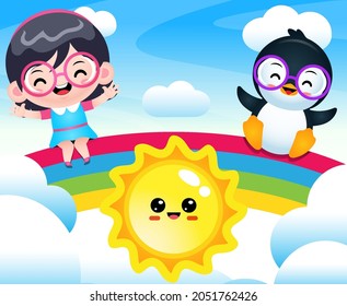 Illustration vector graphic of Happy Cute Girl and Penguin Sitting On Rainbow. Perfect for children books cover, children book illustration,game illustrations, game asset,animation,etc.