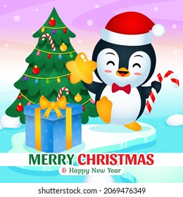 Illustration vector graphic of Happy Cute Penguin Celebrating Christmas And New Year On Iceberg. Perfect for christmas card, banner, poster, children books cover, children book illustration, etc.