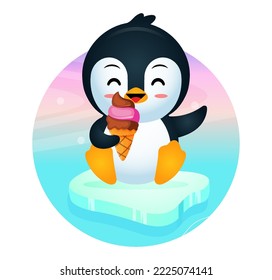 Illustration vector graphic of Happy Cute Penguin Sitting On Ice Eat Ice Cream. Perfect for children books cover, children book illustration,game illustrations, game asset,animation,etc