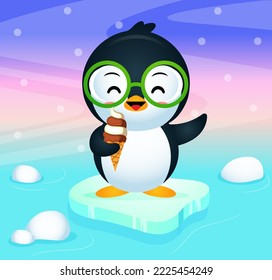 Illustration vector graphic of Happy Cute Penguin Eat Ice Cream. Perfect for children books cover, children book illustration,game illustrations, game asset,animation,etc