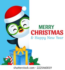 Ilustración vectorial de la bandera Happy Cute Penguin Merry Christmas And New Year. Perfecto para la tarjeta de navidad, pancarta, afiche, portada de libros para niños, ilustración de libros para niños, etc.