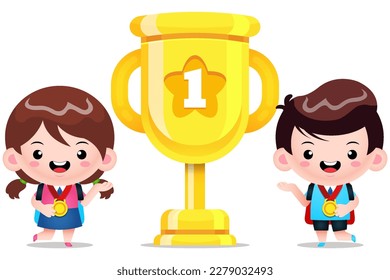 Illustration vector graphic of Happy Cute Students Winner Presenting Golden Trophy Cup. Perfect for children books cover, children book illustration,game illustrations, game asset,animation,etc