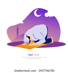 illustration vector graphic Happy Eid, man praying at night. marhaban ya ramadan, ramadan kareem. Perfect for concept of presentation, banner, cover and promotion celebration

