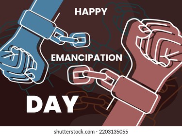 Illustration vector graphic of happy emancipation day. Hands, free, unlocked, freedom, justice, broken chain, handcuffs. Good for poster.