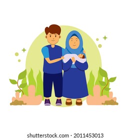 illustration vector graphic of a happy family with the new baby. Suitable for sticker characters, clipart, drawing books, and all digital printing media.