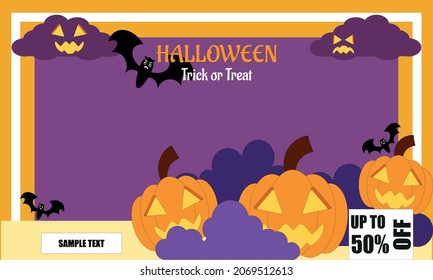 Illustration vector graphic of Happy Halloween Trick or Treat event banner, flyer, or party invitation background template with night clouds, flying bats, Jack-o'-lantern pumpkin, and copy space area.