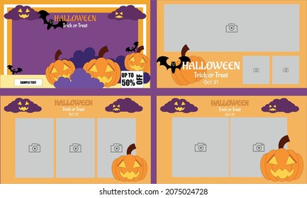 Illustration vector graphic of Happy Halloween Trick or Treat event banner, flyer, or party invitation background template with night clouds, flying bats, Jack-o'-lantern pumpkin, and copy space area.