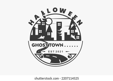 Illustration vector graphic of happy halloween. Scary, ghost, building, night, tour, town. Good for poster.
