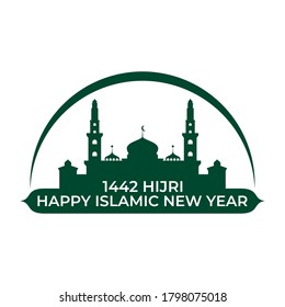 illustration vector graphic of "Happy Islamic New Year" logo with mosque silhouette design
