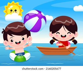 Illustration vector graphic of Happy Kids At Sea. Perfect for children books cover, children book illustration,game illustrations, game asset, etc