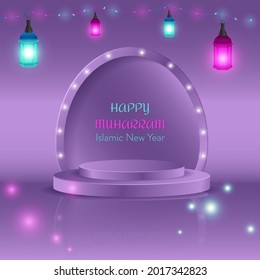 Illustration of vector graphic happy muharram islamic new hijri year background. Purple stage with colorful lantern
and light. Muslim community festival backdrop banner template design.